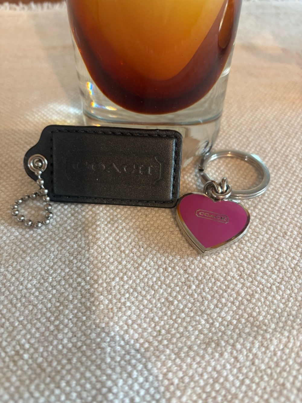 Coach Pink Heart Enamel Key Ring with Black Leather Tag